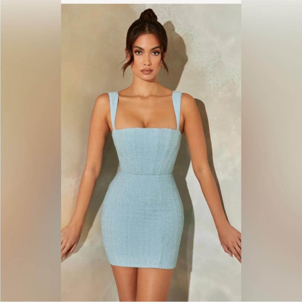 Oh Polly Tweed Square Neck Corset Mini Dress in Light Blue